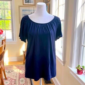 Elle Top in Navy w/Flutter-Sleeves & Criss-Cross Tuck Detail at Shoulders.